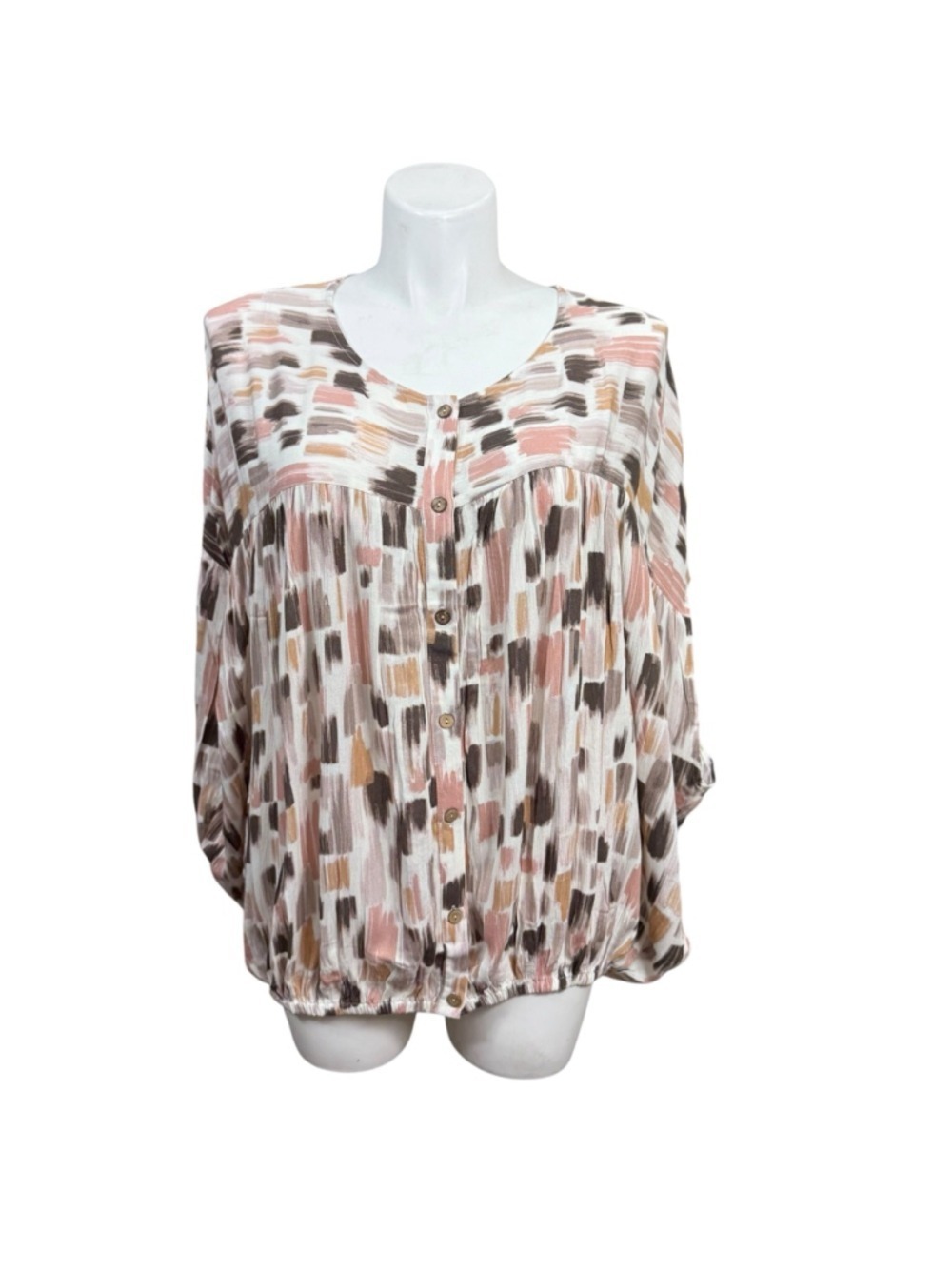ODDI Abstract Brush Print Bubble Hem Blouse 3XL Boho Peasant Top‎ NWT